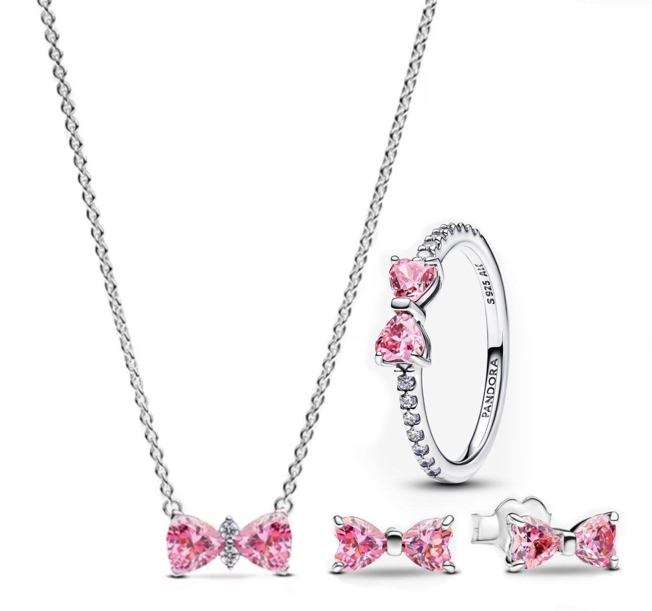 Conjunto Collar, aretes y Anillo Lazo Rosa Brillante