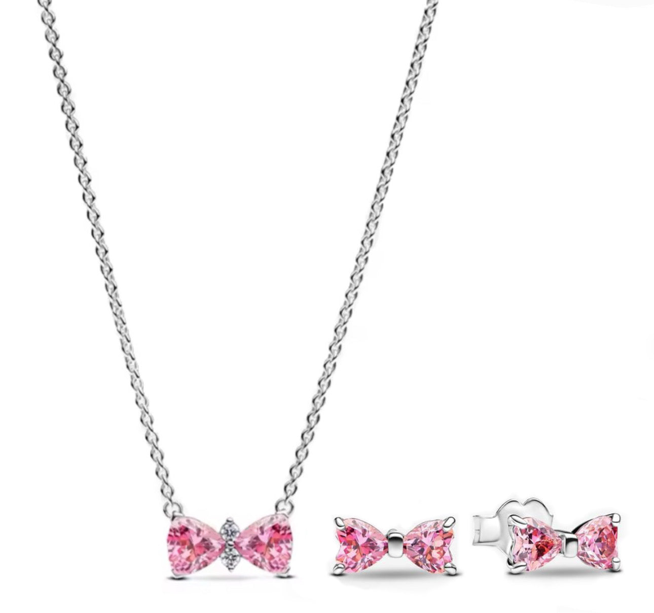 Conjunto Collar y Pendientes Lazo Brillante Rosa