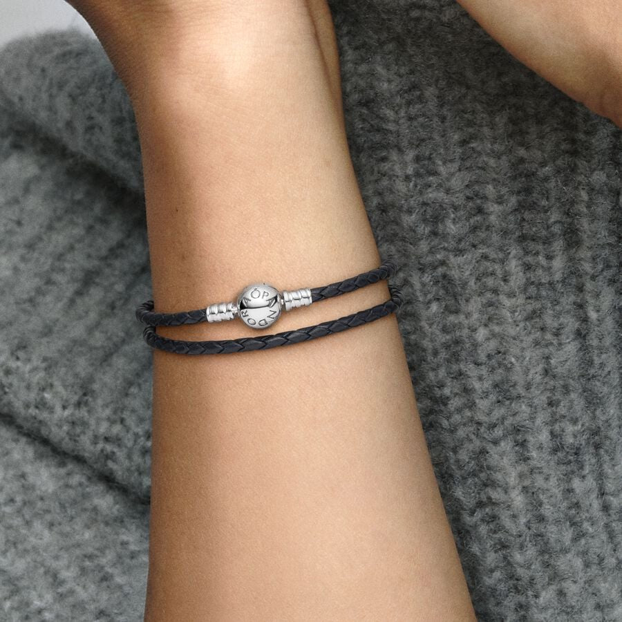 Pulsera en Leather Trenzado Doble Negro cierre redondo