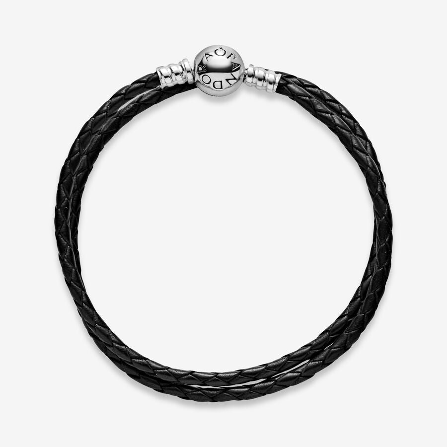 Pulsera en Leather Trenzado Doble Negro cierre redondo