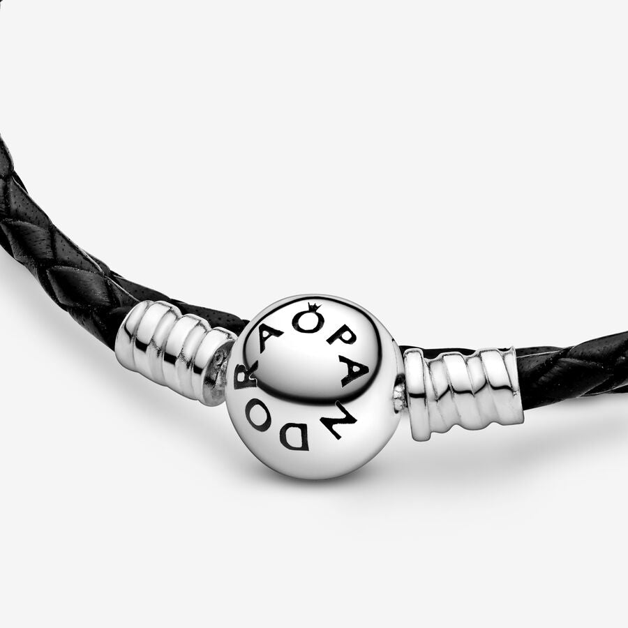 Pulsera en Leather Trenzado Doble Negro cierre redondo