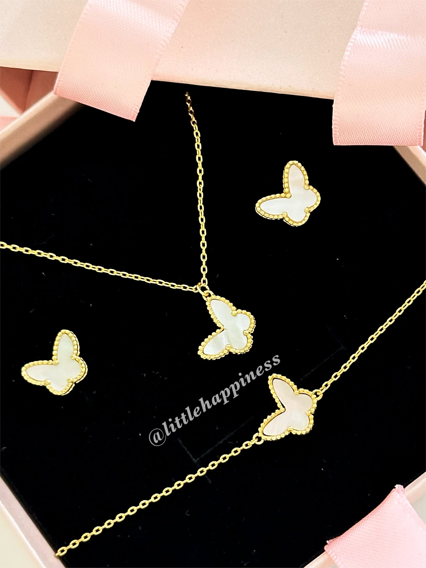 Conjunto Collar + aretes + pulsera Mariposa Van Cleef Dorado y Blanco