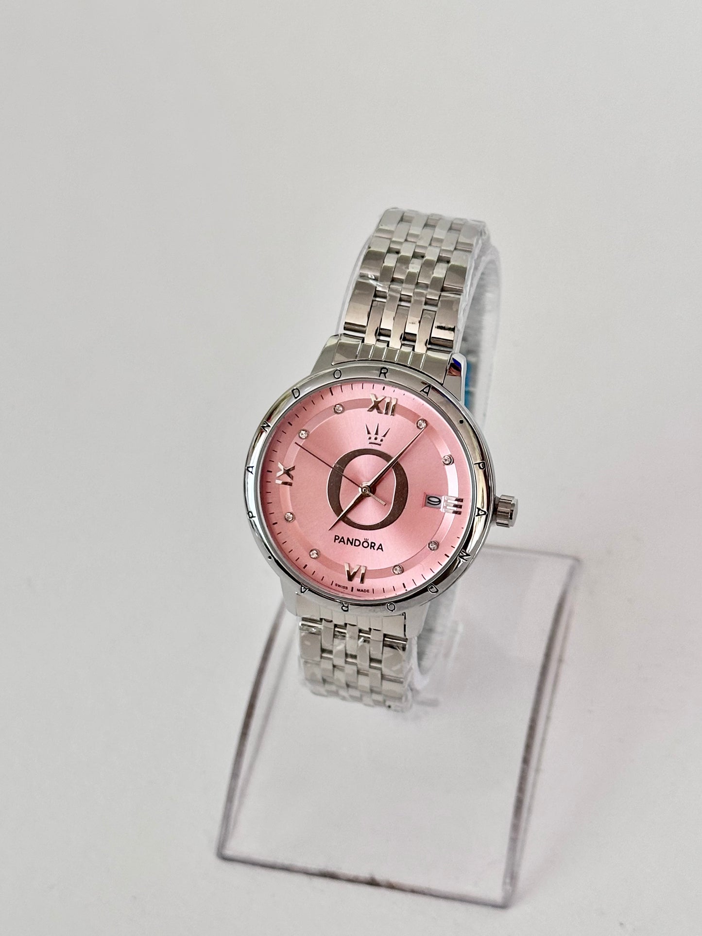 Reloj Pandora Plateado fondo Rosa