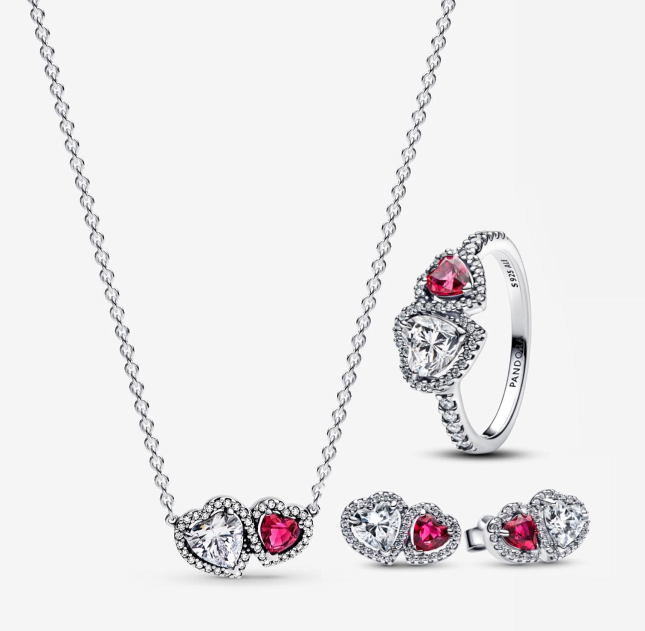Conjunto Collar, Aretes y Anillo, corazón doble Blanco y Rojo