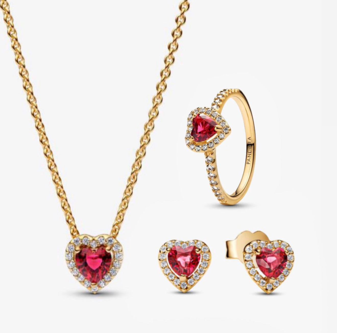 Conjunto Collar, aretes y anillo Corazón Rojo Dorado