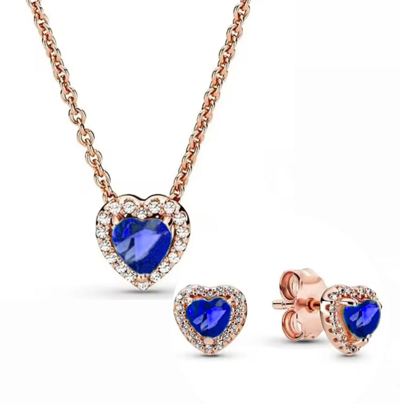 Conjunto Collar + aretes Rose Gold Piedra azul oscuro