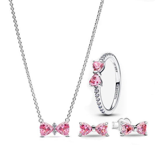 Conjunto Collar, aretes y Anillo Lazo Rosa Brillante