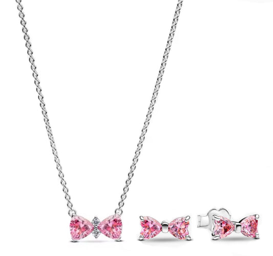 Conjunto Collar y Pendientes Lazo Brillante Rosa