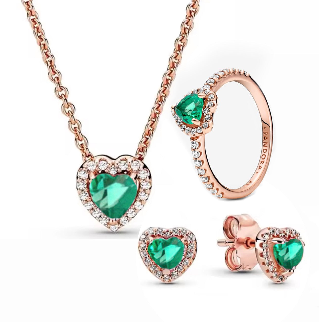 Conjunto Collar, aretes y Anillo, Rose gold y verde
