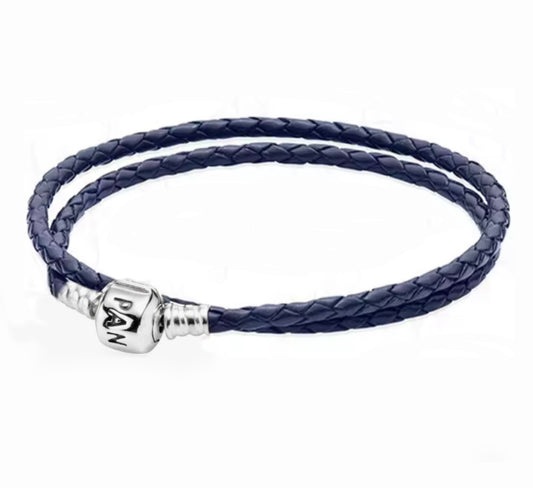 Pulsera en Leather Trenzado Doble Azul marino cierre tradicional