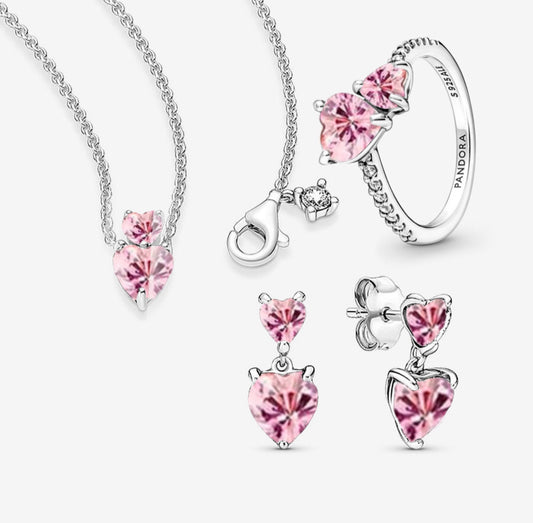 Conjunto Collar + aretes + anillo, Doble corazones Rosa