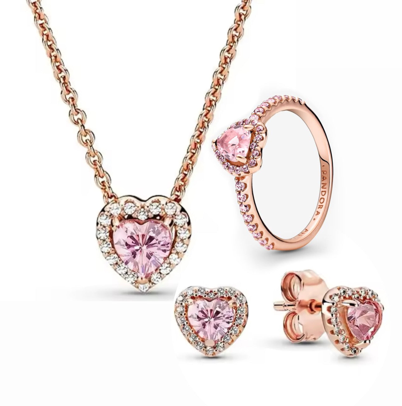 Conjunto Collar, aretes y Anillo, Rose gold y Rosa