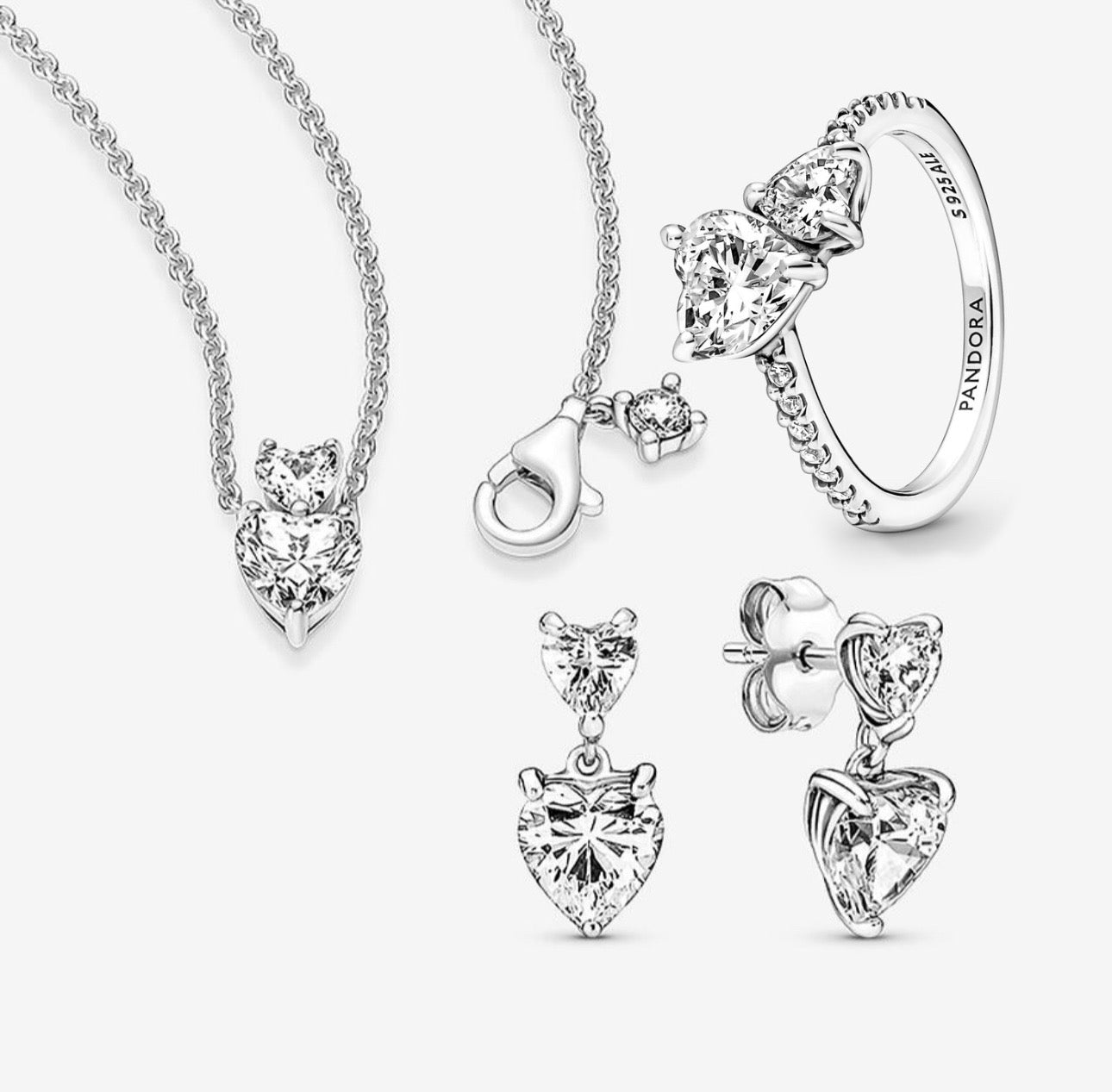 Conjunto Collar + aretes + anillo, Doble corazones Blanco