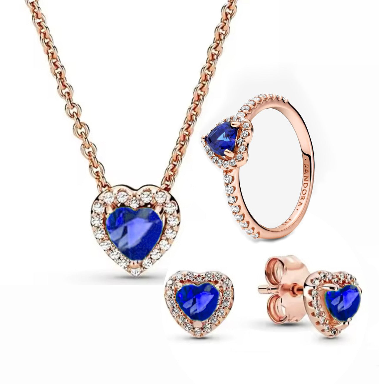 Conjunto Collar, aretes y anillo, Rose Gold y Azul