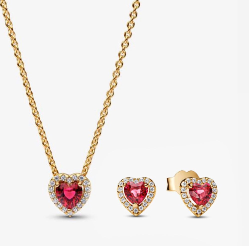 Conjunto Collar + aretes Corazón Rojo Dorado