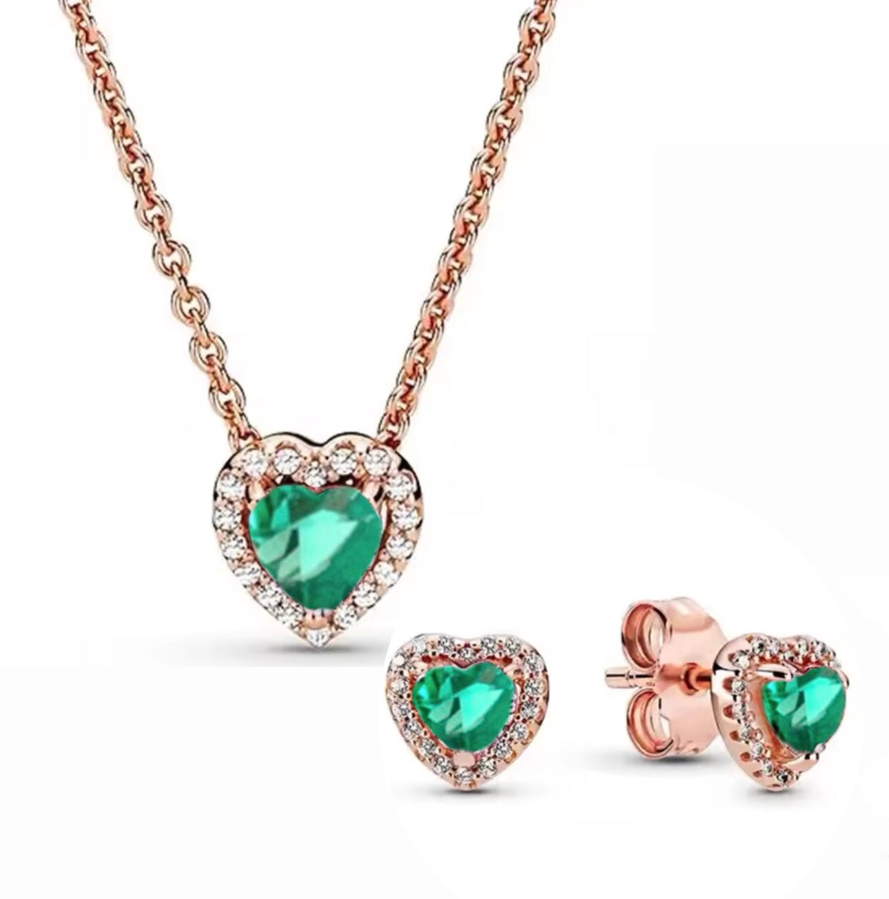 Conjunto Collar + Aretes Rose Gold Piedra verde
