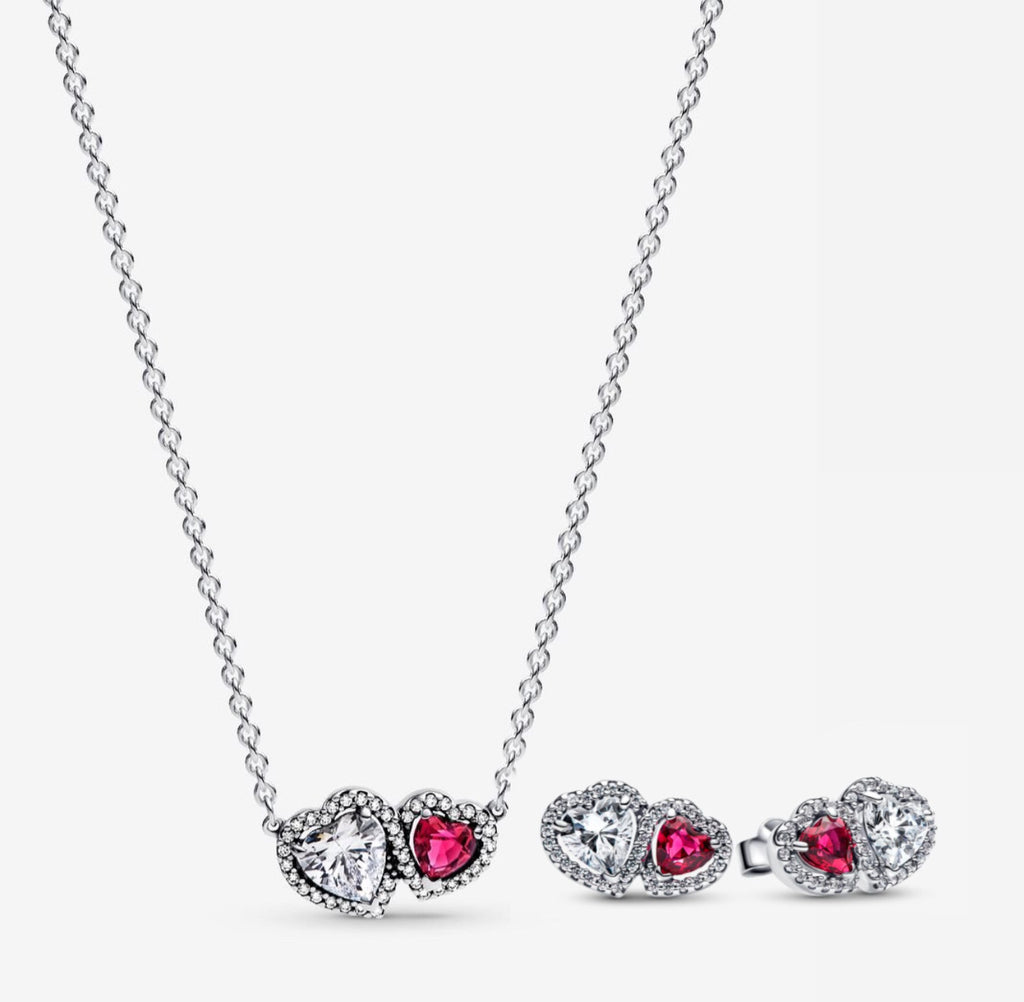 Conjunto Collar + aretes Doble Corazones Blanco y Rojo