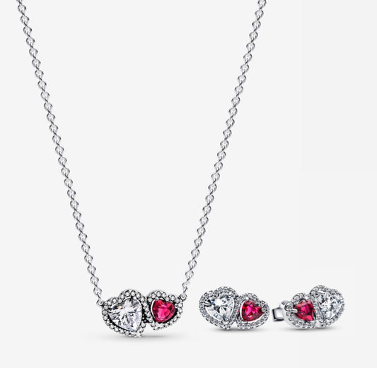 Conjunto Collar + aretes Doble Corazones Blanco y Rojo