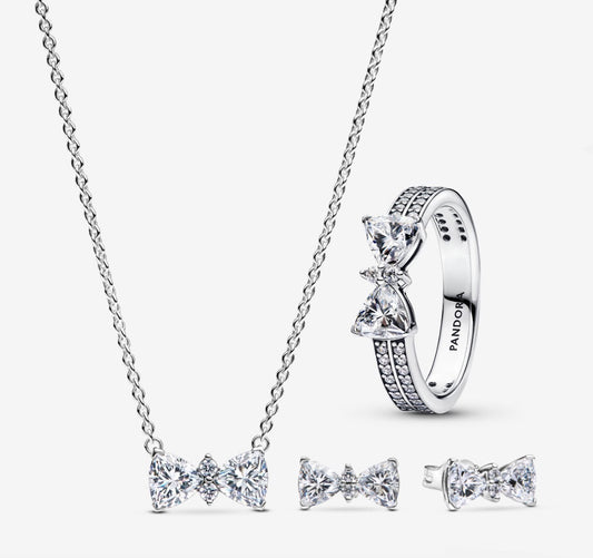 Conjunto Collar + Aretes + Anillo Lazo blanco Brillante