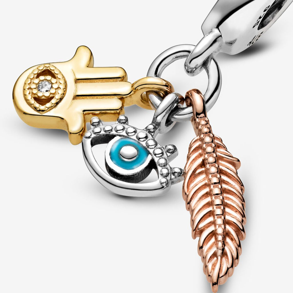 Charm Colgante Espiritualidad Mano De Hamsa, Ojo Que Todo Lo Ve y Pluma