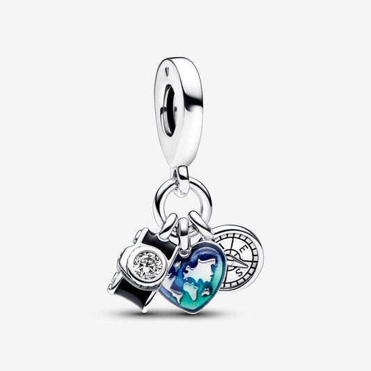 Charm Colgante Triple Camara, Corazon Y Brujula