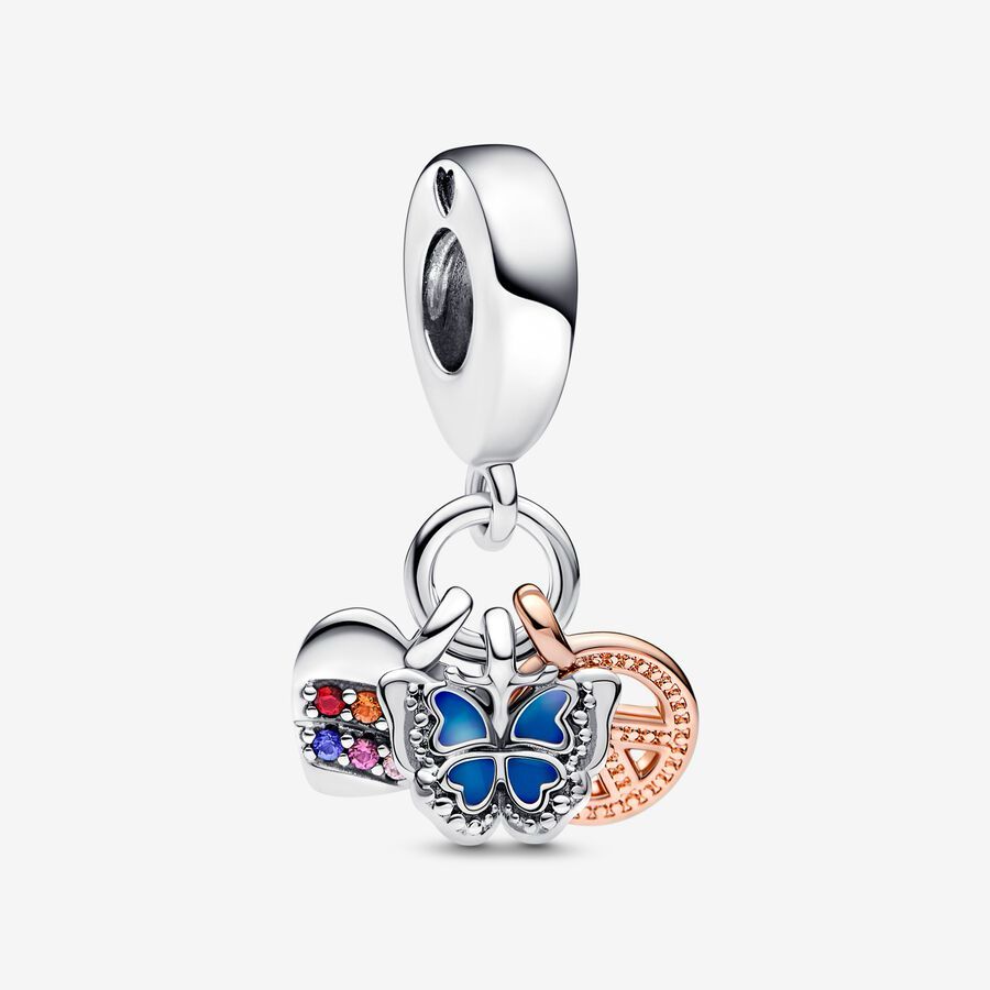 Charm Colgante Triple Mariposa, Corazon Arcoiris y Paz Dos Tonos