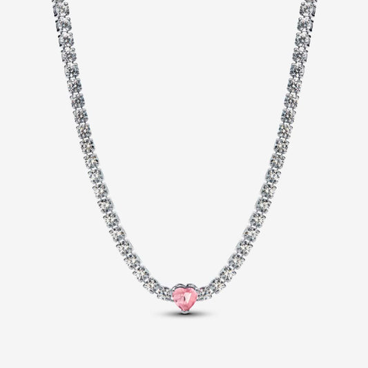 Collar Tenis, Corazón Rosa Brillante