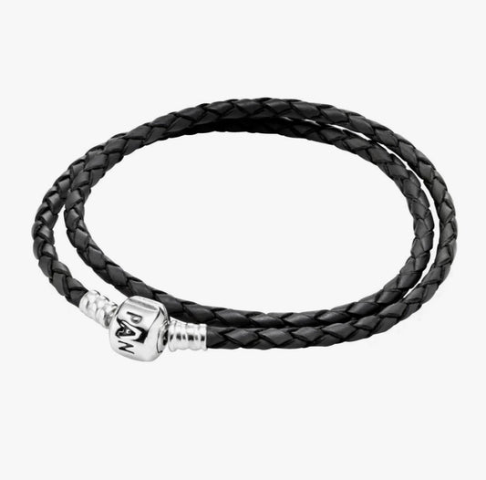 Pulsera en Leather Trenzado Doble negro cierre Tradicional