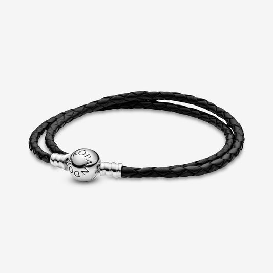 Pulsera en Leather Trenzado Doble Negro cierre redondo