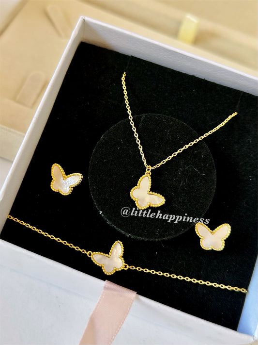 Conjunto Collar + aretes + pulsera Mariposa Van Cleef Dorado y Blanco