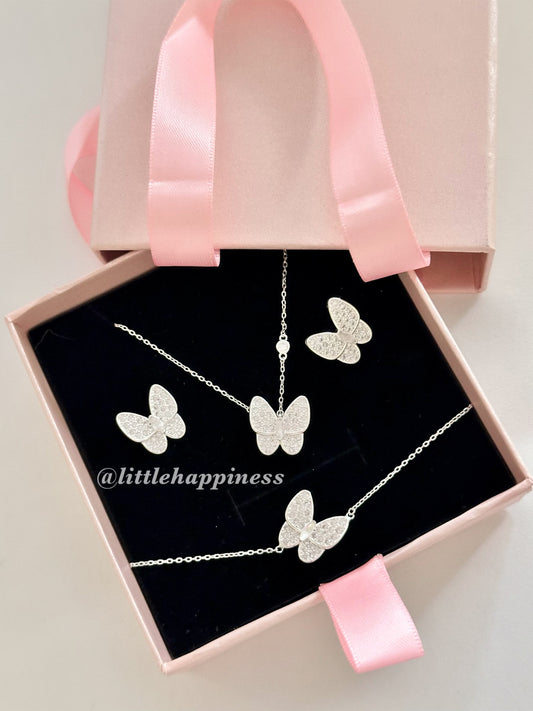 Conjunto Collar + aretes + pulsera Mariposa Van Cleef plateado