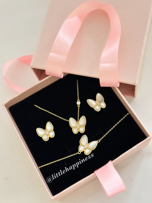 Conjunto Collar + aretes + pulsera Van Cleef Dorado y Blanco