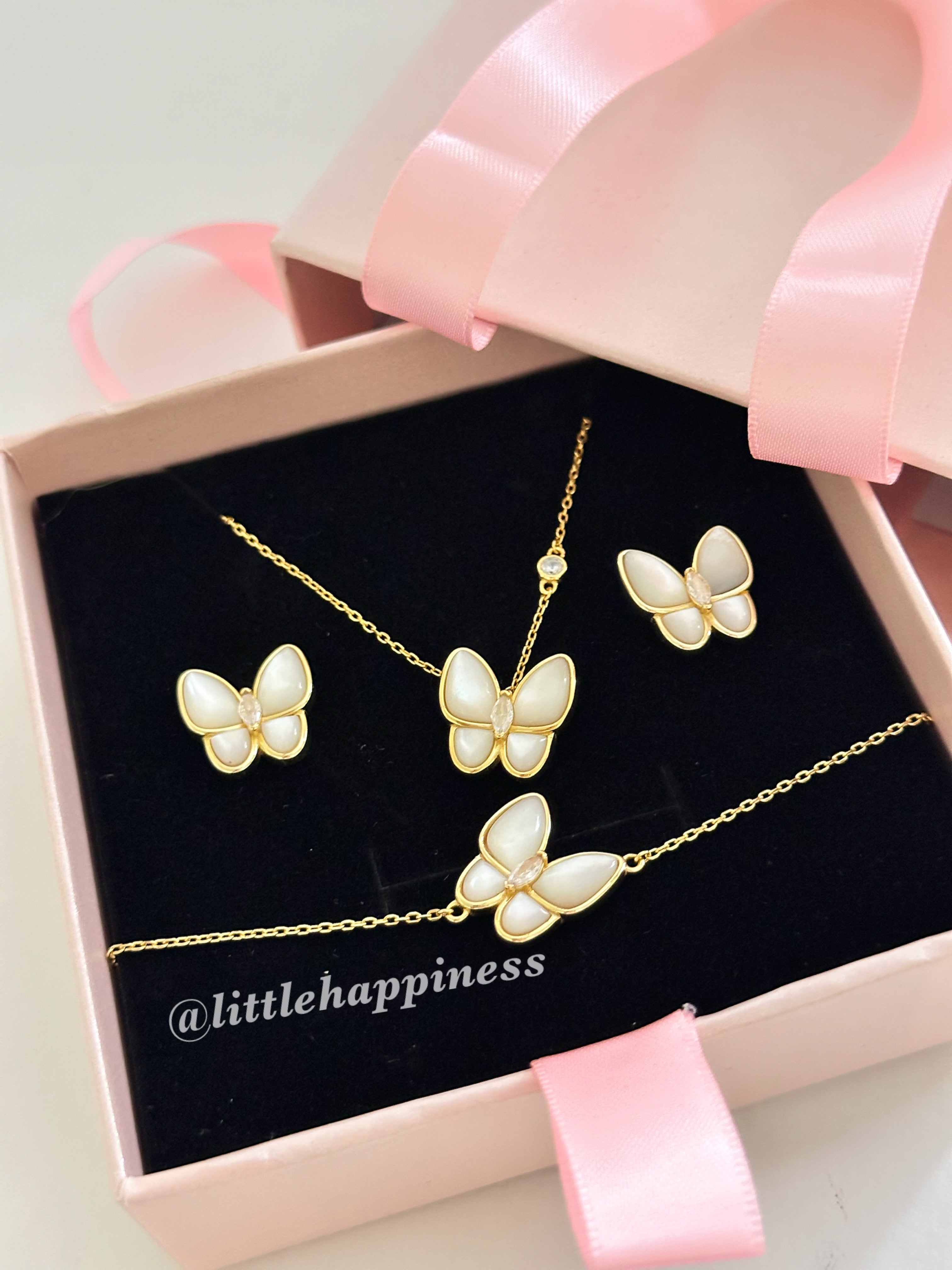 Conjunto Collar + aretes + pulsera Van Cleef Dorado y Blanco
