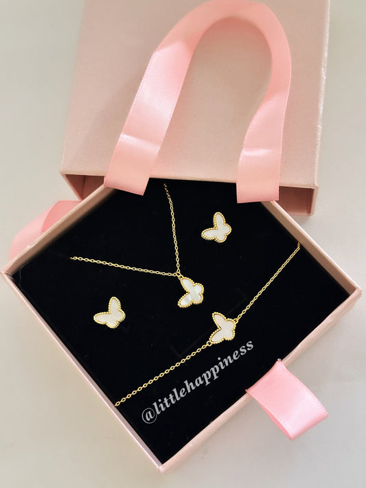 Conjunto Collar + aretes + pulsera Mariposa Van Cleef Dorado y Blanco