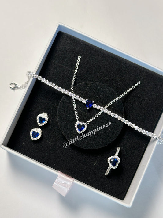 Conjunto Collar + aretes + anillo + pulsera Corazón Azul oscuro