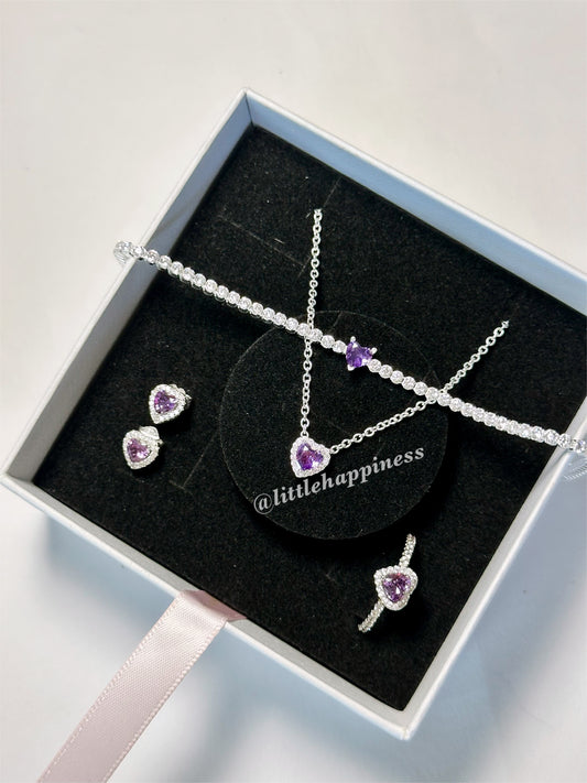 Conjunto Collar + aretes + anillo + pulsera Corazón Morado