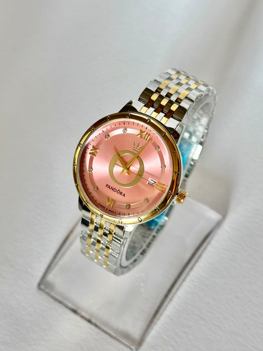 Reloj Pandora Dorado con Plateado, fondo Rosa