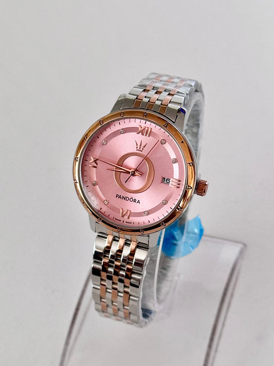 Reloj Pandora Rose gold y Plateado, fondo rosa